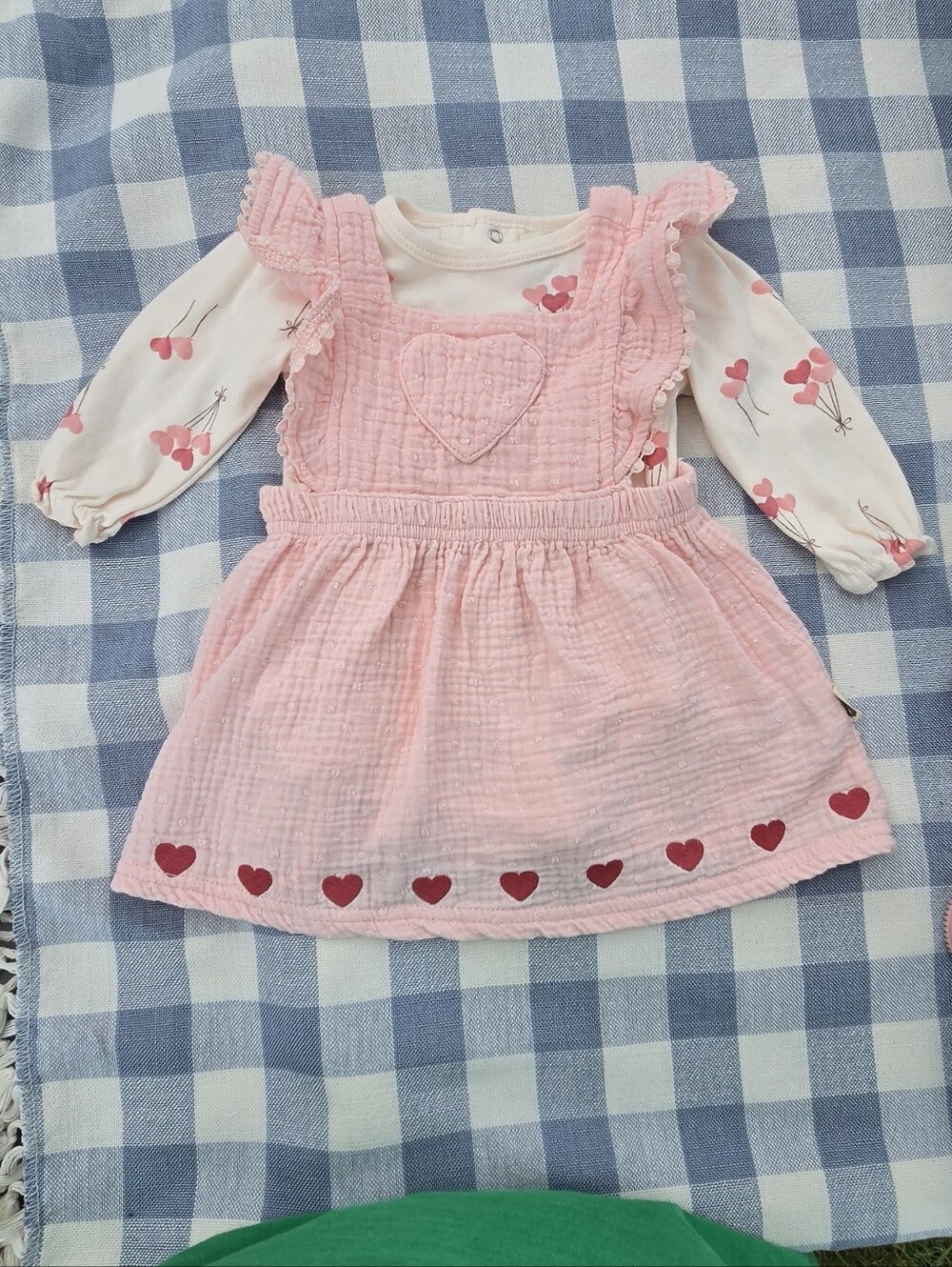 Rabbit And Bear Pink Heart-Trim Dress for Kids With Bodysuit, 3-6 Months
